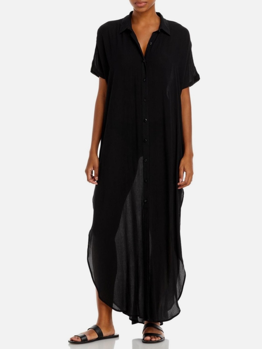 NWOT AQUA Button-Front Maxi Swim Cover-Up Short Sleeve Long Shirt Dress Black